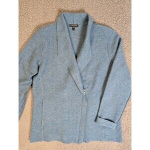 Eileen Fisher Wool Moto Jacket Cardigan Half Zip Blue LP 100% Merino Boiled Wool